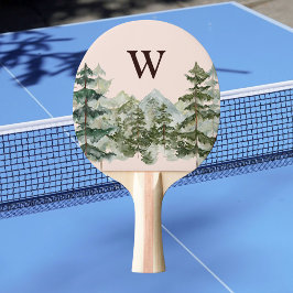 Raquete De Ping Pong Monograma Watercolor Pine Forest & Mountain Russ