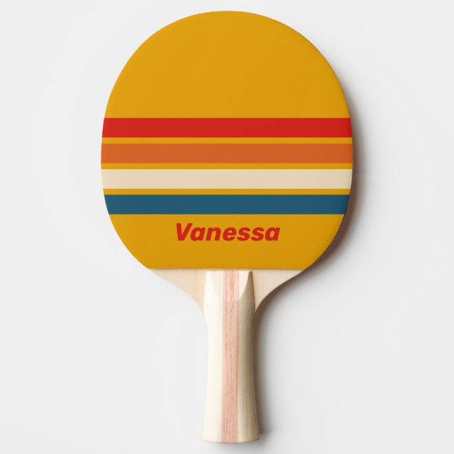 Raquete De Ping Pong Mostarda Retro em Listras com Nome (Frente)