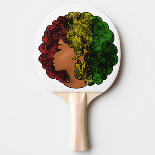 Raquete De Ping Pong Mulher negra rasta afro vermelho amarelo verde
