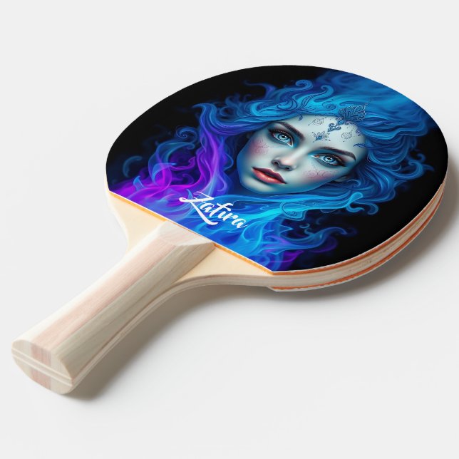 Raquete De Ping Pong Mystery Woman Emerging from Blue & Purple Flames (Verso inclinado)