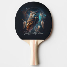 Raquete De Ping Pong Mystical Space Owl with Dreamcatcher Art