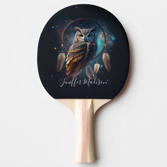 Raquete De Ping Pong Mystical Space Owl with Dreamcatcher Art        (Frente)