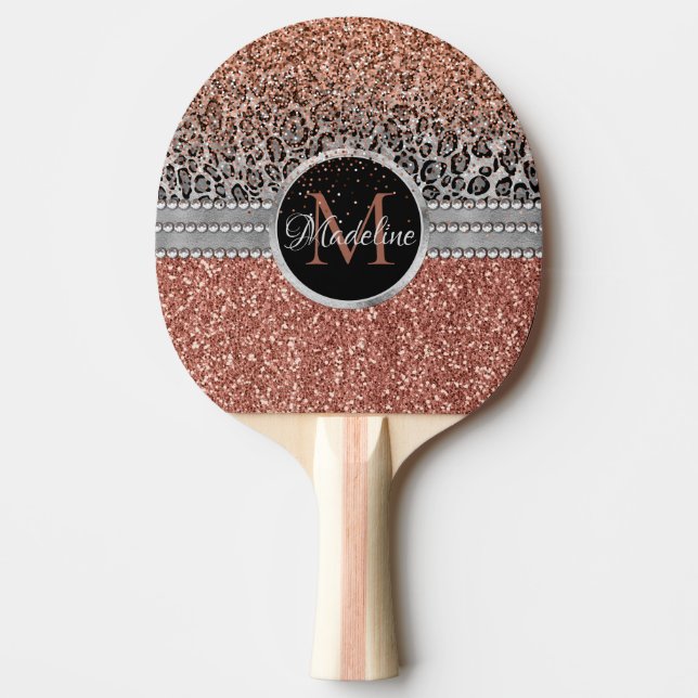 Raquete De Ping Pong Na moda Glitter Leopard Monograma de Dourada Girly (Frente)