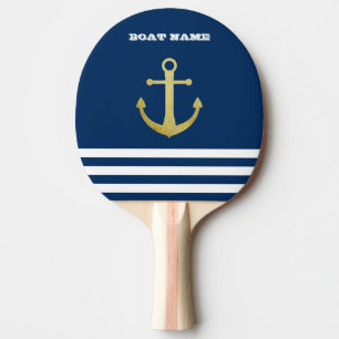 Raquete De Ping Pong Náutico, Âncora Dourada Listras Azul-Marinho
