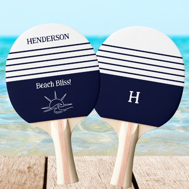 Raquete De Ping Pong Navy Stripes Monogram Family Nautical  (Criador carregado)