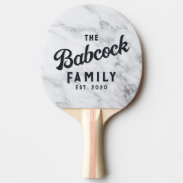 Raquete De Ping Pong Nome de Família Retro em Pedra de Mármore Branco L