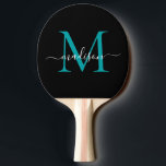 Raquete De Ping Pong Nome de Script Bonito do Monograma Verde de Teto P<br><div class="desc">Rótulo de Ping Pong - Na moda do Monograma Verde de Teal Preto Moderno</div>