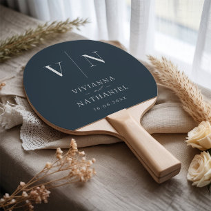 Raquete De Ping Pong Nome do Casamento Azul de Carvão Minimalista Moder