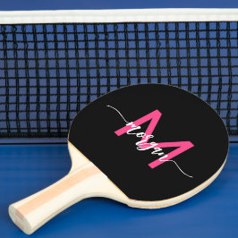 Raquete De Ping Pong Nome do Monograma da Rapariga Preta-Rosa Quente