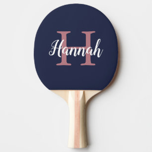 Raquete De Ping Pong Nome do Monograma de Script Rosa Azul Minimalista
