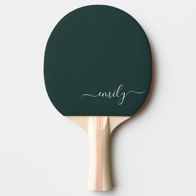 Raquete De Ping Pong Nome do Monograma do Script Moderno Verde Escuro (Frente)