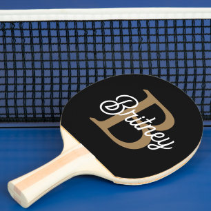 Raquete De Ping Pong Nome do Monograma Elegante Moderno Script Dourado 