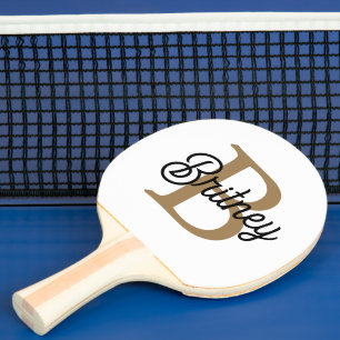 Raquete De Ping Pong Nome do Monograma Elegante Moderno Script Dourado