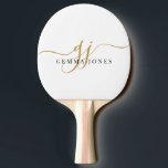 Raquete De Ping Pong Nome do Script do Monograma Dourado Preto<br><div class="desc">Na moda minimalista de ouro e pá preto monograma.</div>