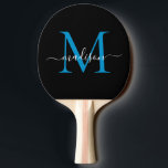 Raquete De Ping Pong Nome do Script Elegante do Monograma Azul Preto Mo<br><div class="desc">Monograma Azul,  Monograma,  Letra Negra Moderna,  Nome de Script Elegante Ping Pong Paddle</div>