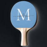 Raquete De Ping Pong Nome do Script Elegante do Monograma Branco Azul e<br><div class="desc">Cinza Branca Azul,  Cinzenta Moderna Monograma Script Elegante Nome Ping Pong Paddle</div>