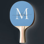 Raquete De Ping Pong Nome do Script Elegante do Monograma Branco Azul e<br><div class="desc">Cinza Branca Azul,  Cinzenta Moderna Monograma Script Elegante Nome Ping Pong Paddle</div>