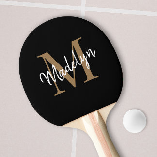 Raquete De Ping Pong Nome do Script Elegante do Monograma Dourado Preto