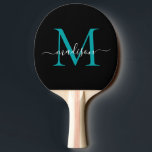 Raquete De Ping Pong Nome do Script Elegante do Monograma Verde de Teal<br><div class="desc">Rótulo Verde de Teal Negra Moderno Monograma Elegante Nome Ping Pong Pong Paddle</div>