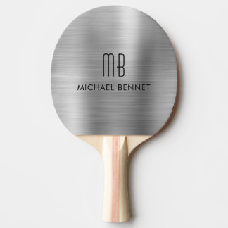 Raquete De Ping Pong Nome Monograma Metálico Cinza Prata Elegante