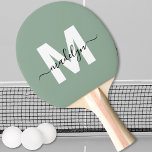 Raquete De Ping Pong Nome Monograma Verde Salvia<br><div class="desc">Crie Seu Próprio Monograma Personalizado de Raquete de Ping Pong com Letra Elegante em Verde Sage. Esta elegante raquete de ping pong apresenta um monograma estiloso na frente com uma inicial branca plana sobre um fundo suave verde sage, combinado com um nome em letra cursiva preta clássica para um toque...</div>
