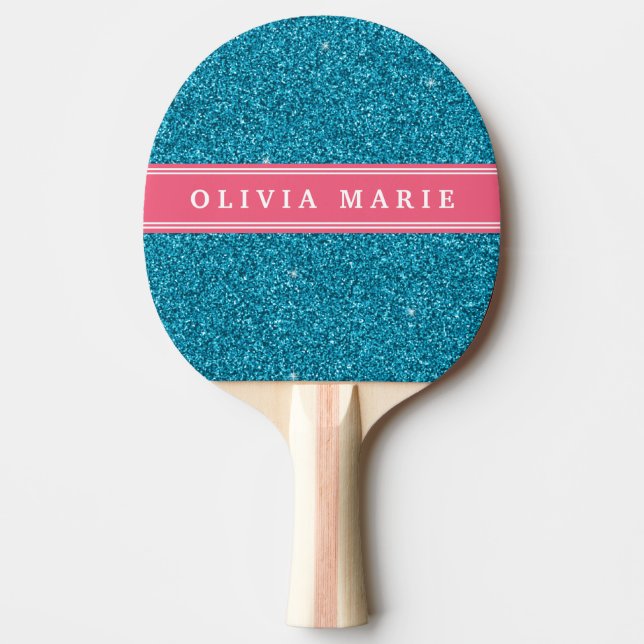 Raquete De Ping Pong Nome Personalizado Cor-de-Rosa Azul (faux) (Frente)
