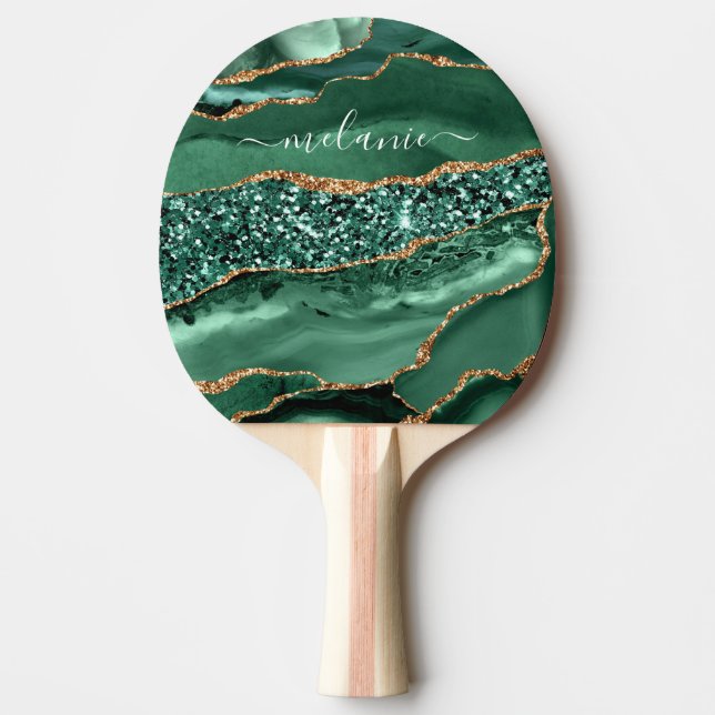Raquete De Ping Pong Nome Personalizado do Marble de Geodo Glitter Verd (Frente)
