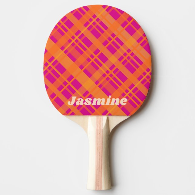 Raquete De Ping Pong Nome personalizado do padrão de xadrez magenta lar (Frente)