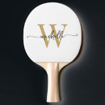 Raquete De Ping Pong Nome Personalizado em Grafia Moderna em Ouro Branc<br><div class="desc">Raquete de Ping Pong personalizada com nome e monograma feminino em branco e dourado. Este design apresenta seu primeiro nome em uma linda tipografia de letra manuscrita com cauda swash (ou caligrafia) com monograma inicial em dourado e preto sobre fundo branco. São fáceis de personalizar. Ótimo presente feminino e elegante...</div>