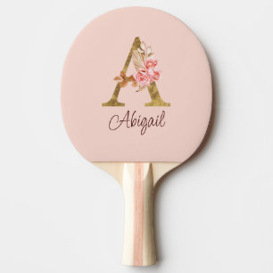Raquete De Ping Pong Nome Personalizado Folha de Ouro Blush Rosas Rosa 