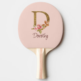 Raquete De Ping Pong Nome Personalizado Folha Dourada Blush Rosas Cor-d