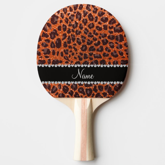 Raquete De Ping Pong Nome personalizado glitter laranja impressão leopa (Frente)