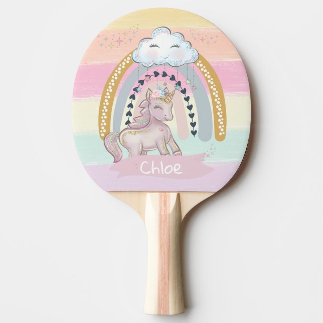 Raquete De Ping Pong Nome Personalizado 🦄 Rainbow Unicorn Girl (Frente)
