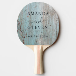 Raquete De Ping Pong Nomes de Casal em Madeira Pintada de Azul com Data