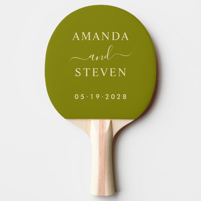 Raquete De Ping Pong Nomes de Casal Warm Olive com Data de Casamento (Verso)