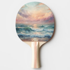 Raquete De Ping Pong Oceano Majestoso Ondas Sunset Aquarela Costeira
