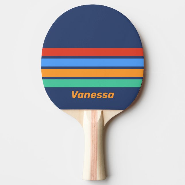 Raquete De Ping Pong Old School Retro Rainbow Across Striping with Name (Frente)