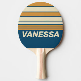 Raquete De Ping Pong Onda Azul Retro com Faixas no Horizonte e Nome