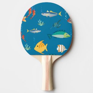 Raquete De Ping Pong Padrão Azul Ilustrado de Peixe e Cavalo-Marinho Mo