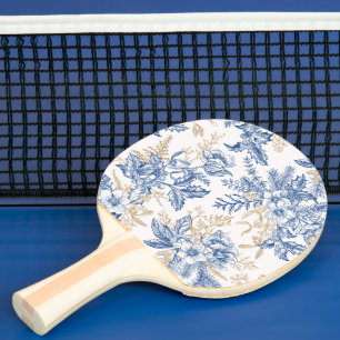 Raquete De Ping Pong Padrão de Flor da Vintagem Azul
