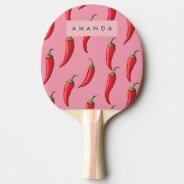 Raquete De Ping Pong Padrão de Pimenta Vermelha Picante em Fundo Rosa