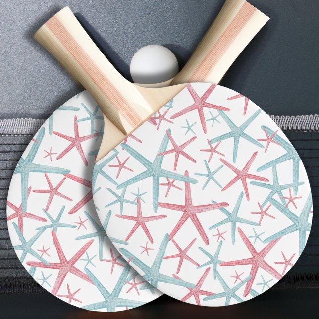 Raquete De Ping Pong Padrão de praia em grana (Fun Teal Pink Nautical Starfish Summer Beach House Ping Pong Paddle)