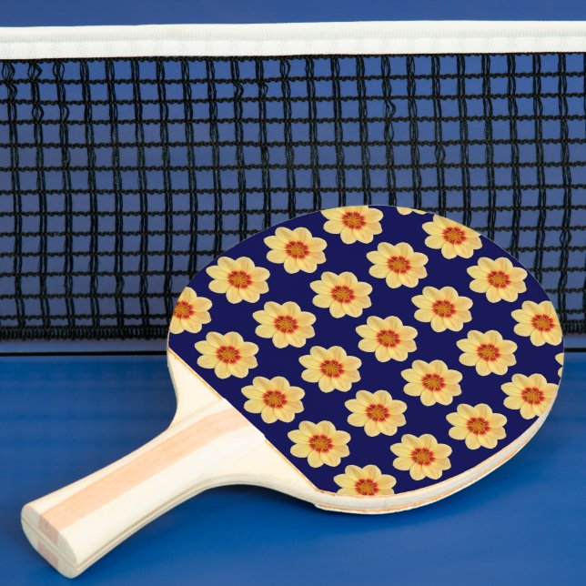 Raquete De Ping Pong Padrão Floral Amarelo Dahlia no Azul (Insitu)