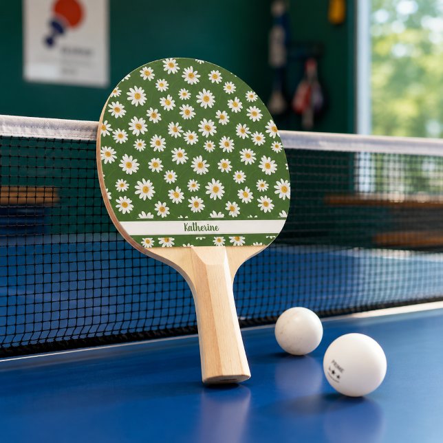 Raquete De Ping Pong Padrão Floral Boho Daisy Verde Nome  (Criador carregado)