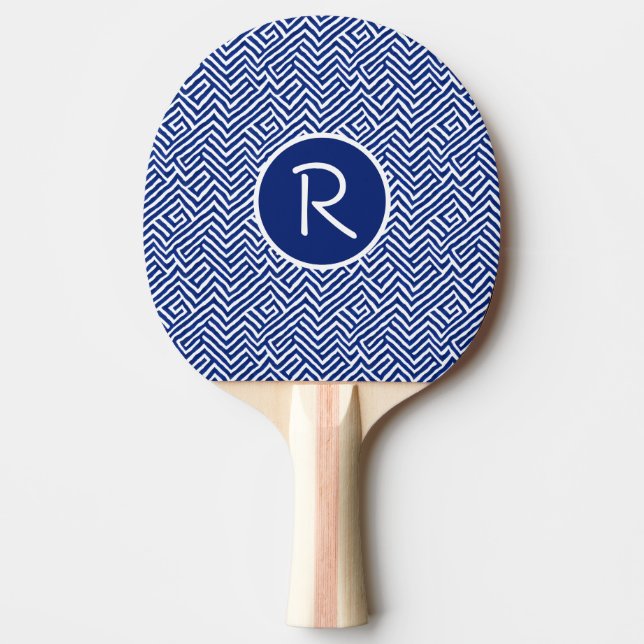 Raquete De Ping Pong Padrão Geométrico Monograma de Abstrato Azul e Bra (Frente)