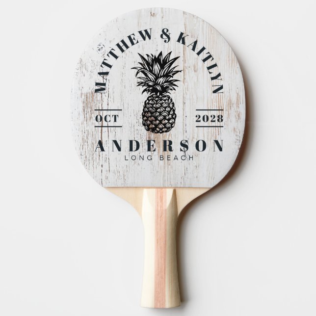 Raquete De Ping Pong Painted White Wood Tropical Pineapple WeddingCrest (Verso)