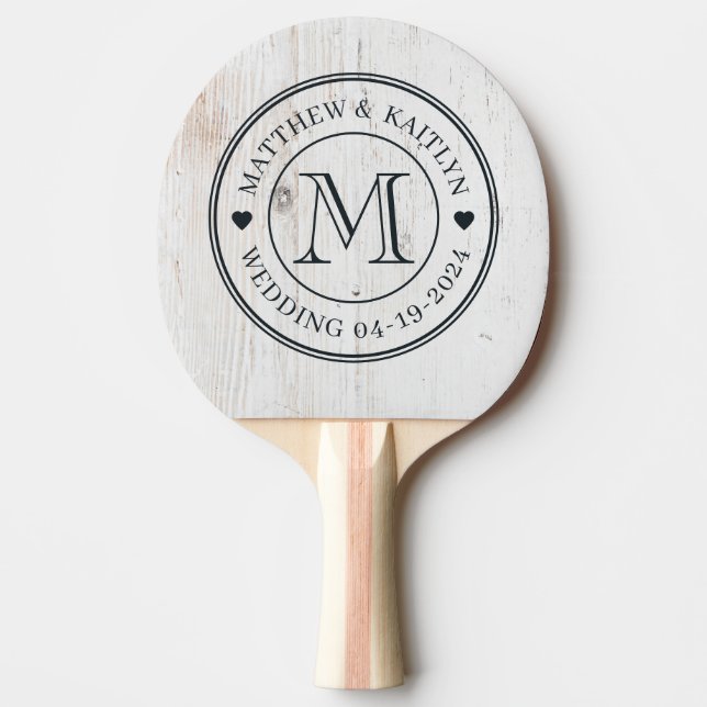 Raquete De Ping Pong Painted White Wood Wedding Monogram Heart (Frente)