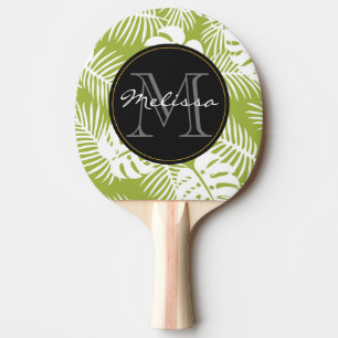 Raquete De Ping Pong Palma Verde Deixa Monograma de Padrão Florestal Tr