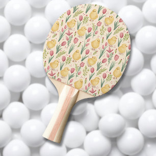 Raquete De Ping Pong Páscoa Vintage Frangos Amarelos Tulipas Vermelhas