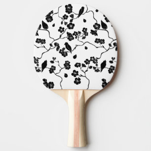Raquete De Ping Pong Pássaros Pretos e Brancos com Padrões de Cereja
